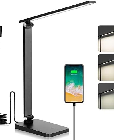Desk Lamp, LED Desk Lamp, Desk Lamp for Home Office, 3 Levels Dimmable Desk Light, Desk Lamp with USB Charging Port, Office Lamp, Small Desk Lamps, Study Lamp, Reading Light, Table Lamp, Black, 5000K