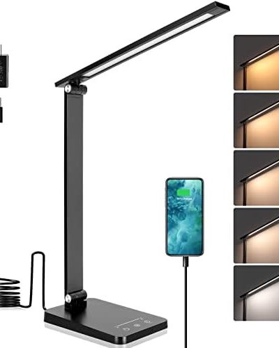 LED Desk Lamp,Desk Lamp with USB Charging Port,Desk Lamps for Home Office,Stepless Dimming Desk Light with 5 Color Modes,Eye Caring Office Lamp with Timmer & Memory Function,Touch Control Study Lamp