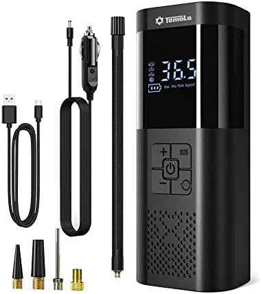 TEMOLA Tire Inflator Portable Air Compressor, Rechargeable Cordless Tire Inflator with Pressure Gauge, 12V DC Mini Air Tire Pump Car Accessories Men Essential with LED Light for Car Motorcycle Bicycle