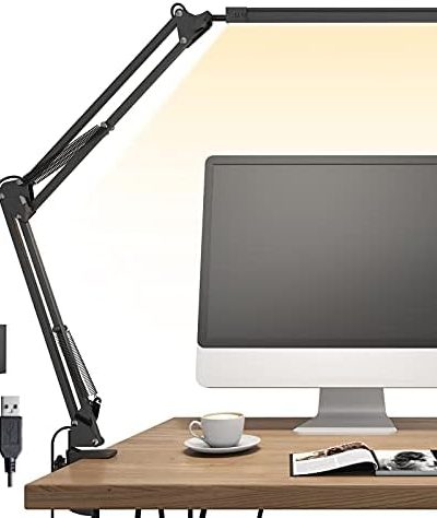TROPICALTREE LED Desk Lamp, Swing arm Desk Light with clamp, 3 Lighting 10 Brightness Eye-Caring Modes, Reading Desk Lamps for Home Office 360 Degree Spin with USB Adapter & Memory Function black-14W
