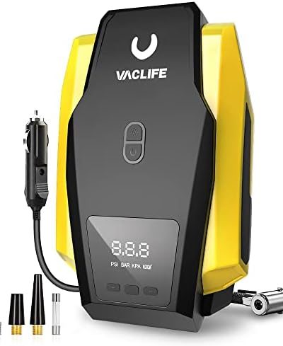 VacLife Tire Inflator Portable Air Compressor - Air Pump for Car Tires (up to 50 PSI), 12V DC Tire Pump for Bikes (up to 150 PSI) w/ LED Light, Digital Pressure Gauge, Model: ATJ-1166, Yellow (VL701)