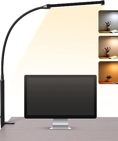 Voncerus LED Desk lamp with Clamp, Eye-Caring Clip on Lights for Home Office, 3 Modes 10 Brightness, Long Flexible Gooseneck,Metal, Swing Arm Architect Task Table Lamps with USB Adapter, Black
